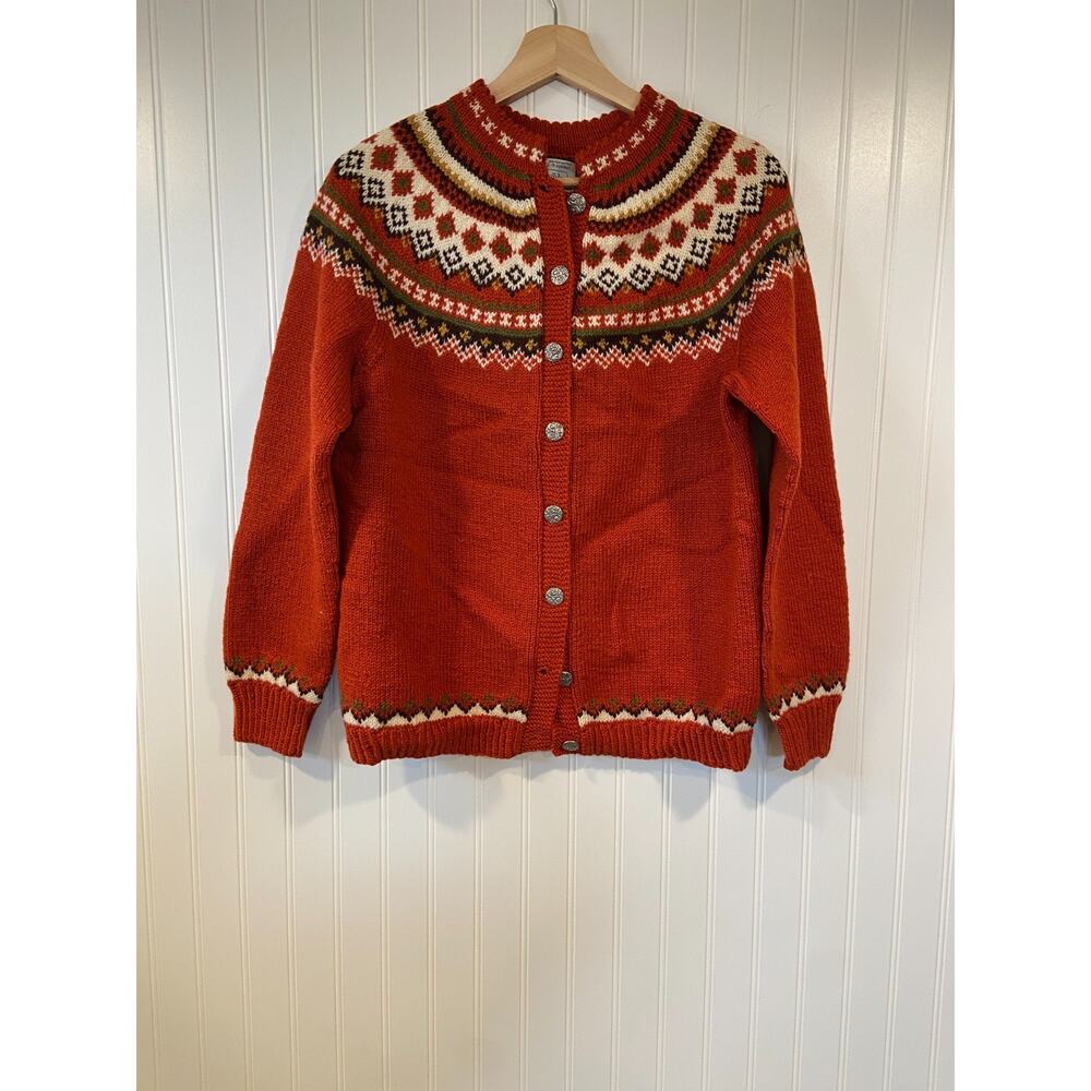 Husfliden Cardigan Women's Small Red Wool Sweater Hand Knit Norway Fair Isle VTG